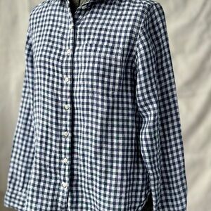 Vintage L.L. Bean Navy and White Gingham 100% Linen Button-Down Shirt